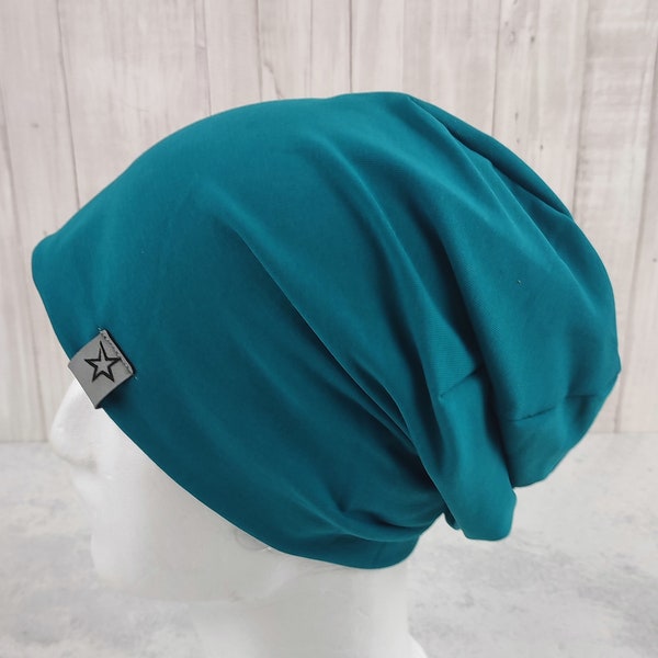 Beanie petrol, genäht aus leichtem Sweat, für Männer, Damen und große Jungen und Mädchen