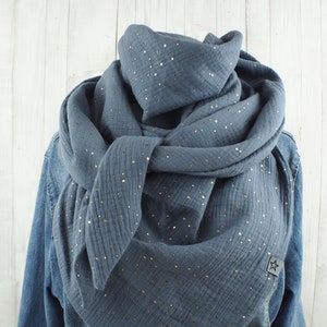 Women's triangular muslin scarf, gray scarf with golden dots, XXL cotton scarf, mother's scarf