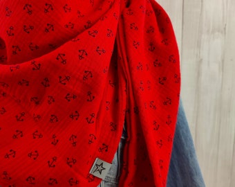 Tuch Anker, Dreieckstuch Musselin Damen, Schal rot mit kleinen Ankern in dunkelblau  - XXL Tuch aus Baumwolle - Mamatuch