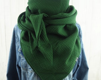 Triangular muslin scarf for adults, fir green scarf, XXL cotton scarf
