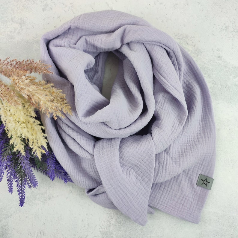 Women's triangular muslin scarf, lilac scarf, XXL cotton scarf, mother's scarf image 1