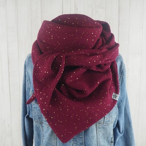 Women's triangular muslin scarf, burgundy scarf with gold dots, XXL cotton scarf, mother's scarf