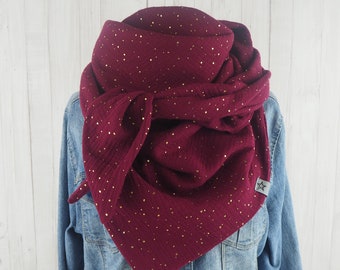 Women's triangular muslin scarf, burgundy scarf with gold dots, XXL cotton scarf, maternity scarf
