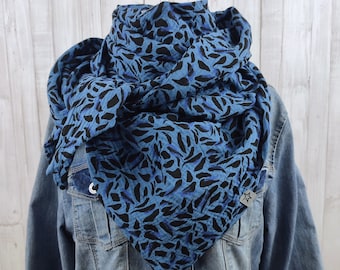 Tuch Dreieckstuch Musselin Damen, Schal jeansblau mit schönem Print in schwarz und blau, XXL Tuch aus Baumwolle, Mamatuch