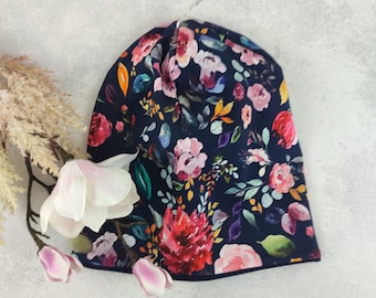 Bonnet bleu foncé avec un motif floral romantique, pour femmes et filles de grande taille, tour de tête environ 54 à 58 cm