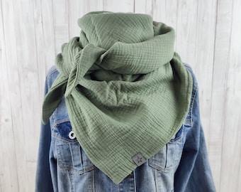 Scarf triangular muslin adult, scarf dusty olive, XXL scarf made of cotton