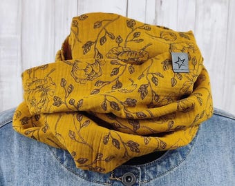 Loop Musselin Damen, Loopschal senfgelb mit schwarzen Blumen
