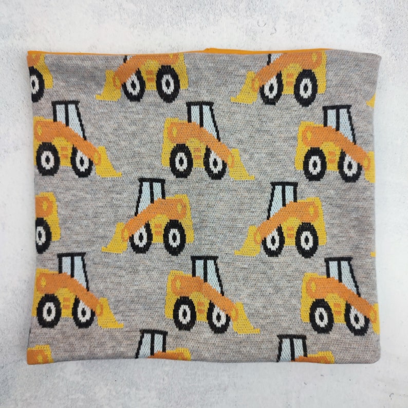 Loop for children with excavators on beige mottled knit fabric, slip scarf for children image 2