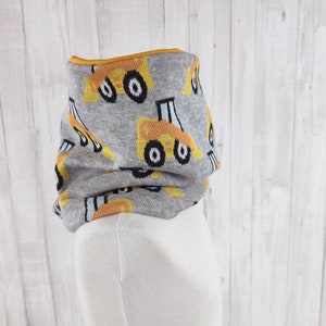 Loop for children with excavators on beige mottled knit fabric, slip scarf for children image 3