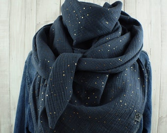 Women's triangular muslin scarf, dark gray scarf with golden dots, XXL cotton scarf, mother's scarf