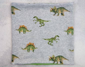 Boucle enfants dinosaures sur gris chiné, écharpe à enfiler pour enfants avec dinosaures