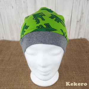 Beanie children's crocodiles, cotton fleece lined warm beanie made of green jersey, printed with crocodiles, and fleece, 48 to 50 cm image 2