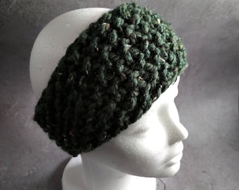 Green Textured Chunky Headband, Ear Warmer, Hand Knit, Adult and Teen, Wool