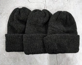 Thick and Comfy Adult Charcoal Beanie with Adjustable Brim, Hand Knit Winter Hat