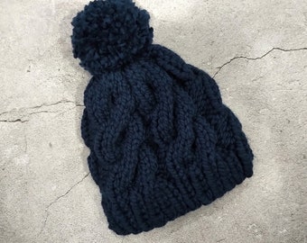 Blue Cable Hand Knit Adult Winter Hat, Toque, Ready to Ship