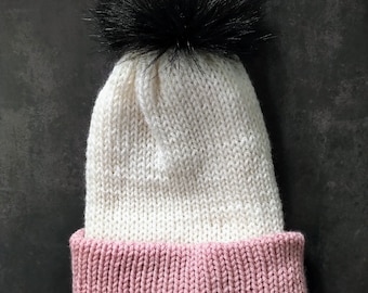 Knitted Adult Hat with Faux Fur Pom Pom, Beanie, Toque