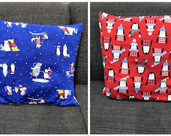 Super Soft Hand Sewn Pillow and Cushion Cover, Winter and Holiday Theme, Polar Bear, Penguin