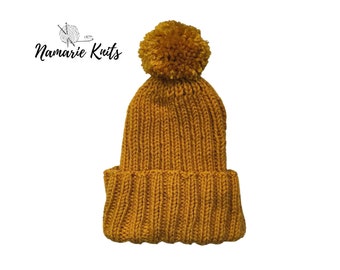 Yellow Mustard Hand Knit Unisex Adult Winter Hat with Pom Pom
