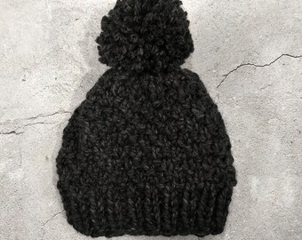 Black Moss Stitch Hand Knit Adult Winter Hat, Toque, Ready to Ship