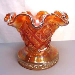 Vintage Amber Marigold Luster Carnival Glass Pedestal Vase, Vintage Carnival Glass Ruffled Vase