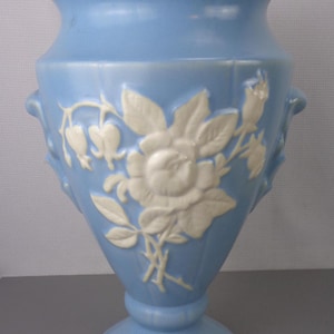 Vintage Large Weller Art Pottery Blue Cameo Rose Vase, Vintage Large Blue Weller Vase