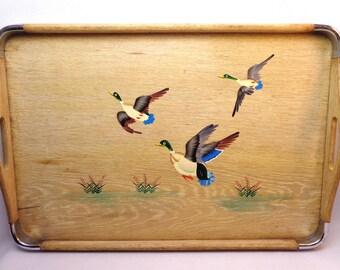 Vintage MCM Jetline Bamboo Hand Painted Tray, Vintage Bamboo Jetline Flying Geese Tray, chrome corners