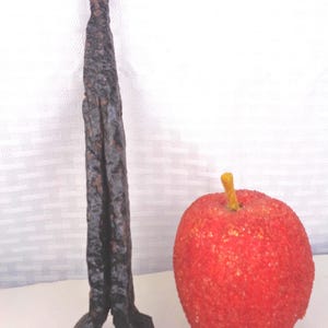 May include: A dark, textured metal object with a twisted design stands next to a red, textured apple with a yellow stem. The metal object has a rough, aged appearance, while the apple is round and vibrant.