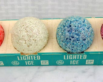 Vintage Christmas GE Frosted Sugar Lightbulbs, Vintage GE Lighted Ice Crackle Lightbulbs, Original Set of 4