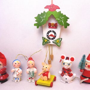 Vintage Wooden Figural Ornaments, Vintage Wood Santa Claus, Mouse, Drummer Boy, Accordian Player, Piggy and Cuckoo Clock Ornaments, Set of 7