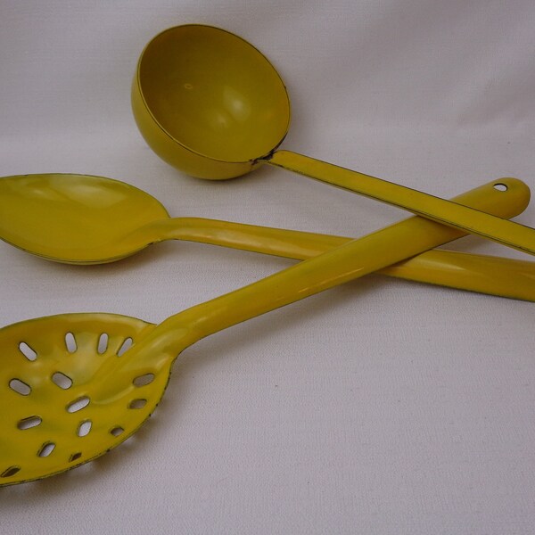 Vintage Yellow Enamelware Ladle, Slotted Spoon and Serving Spoon, Vintage Enamelware Serving Spoon, Farmhouse Kitchen