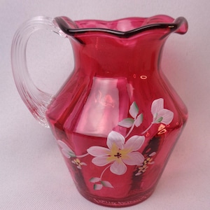 Vintage Fenton Cranberry Glass Ruffled Pitcher, Hand Painted by J.L. Dowler, Fenton Cranberry Art Glass Signature Series