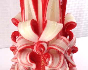 Vintage Large Hand Carved Red White Paraffin Candle, Handmade Christmas Paraffin Candle