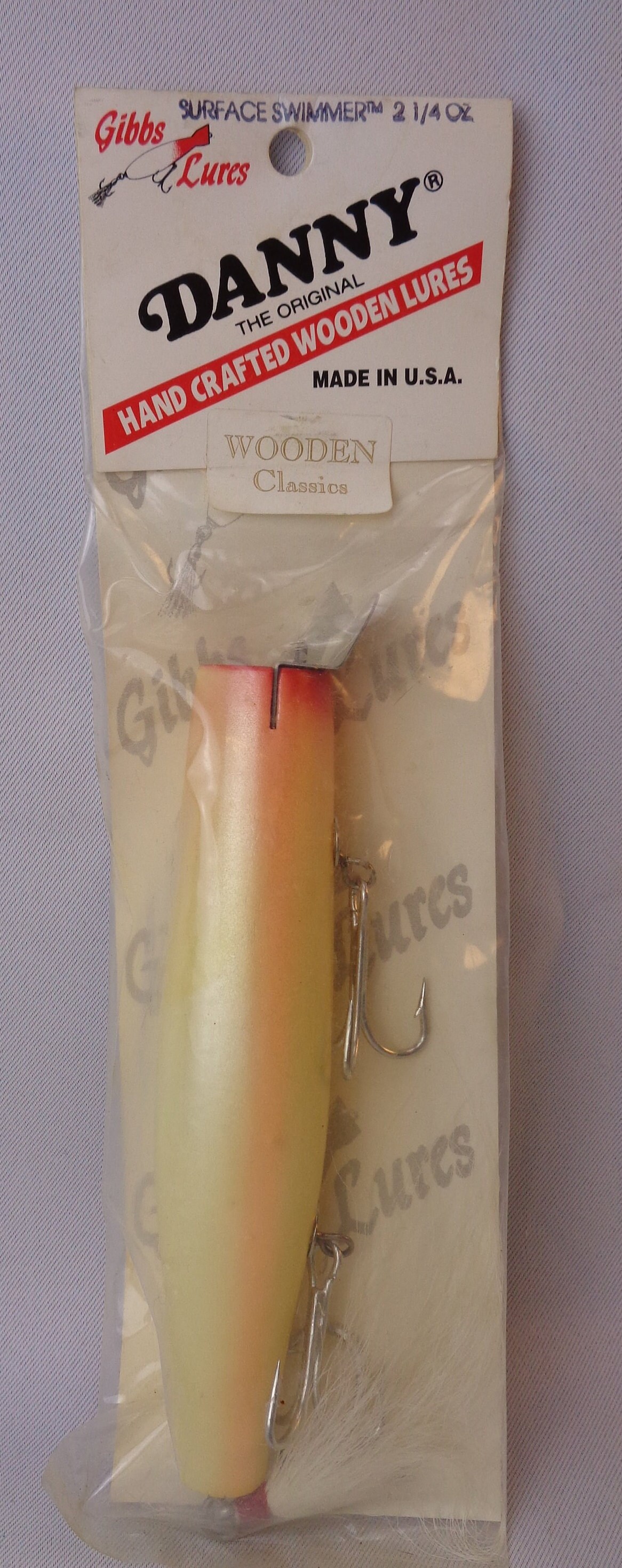 Vintage Gibbs Lures, Vintage Gibbs Surface Swimmer Wooden Lure, Stan Gibbs  the Danny Wood Lure, USA 
