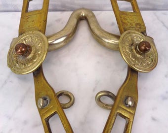 Antique Brass and Steel Curb Bit with Rosettes, Vintage Brass Horse Curb Bit with Embossed Medallions