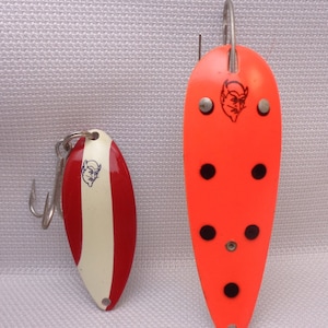 Leurres de pêche Eppinger Dardevle et Devle-Dog Spoon vintage, leurres de pêche vintage cuillère, lot de 2