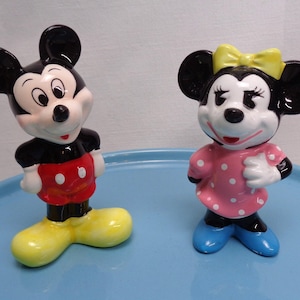 Vintage Ceramic Walt Disney Productions Mickey Mouse and Minnie Mouse Figurines, Set of 2