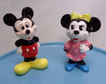 Vintage Ceramic Walt Disney Productions Mickey Mouse and Minnie Mouse Figurines, Set of 2