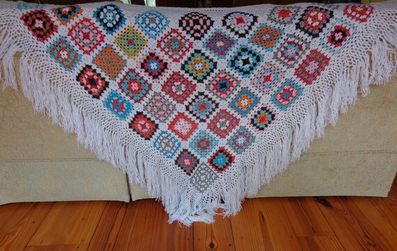 Vintage Handmade Glitter Granny Square Crochet Sha