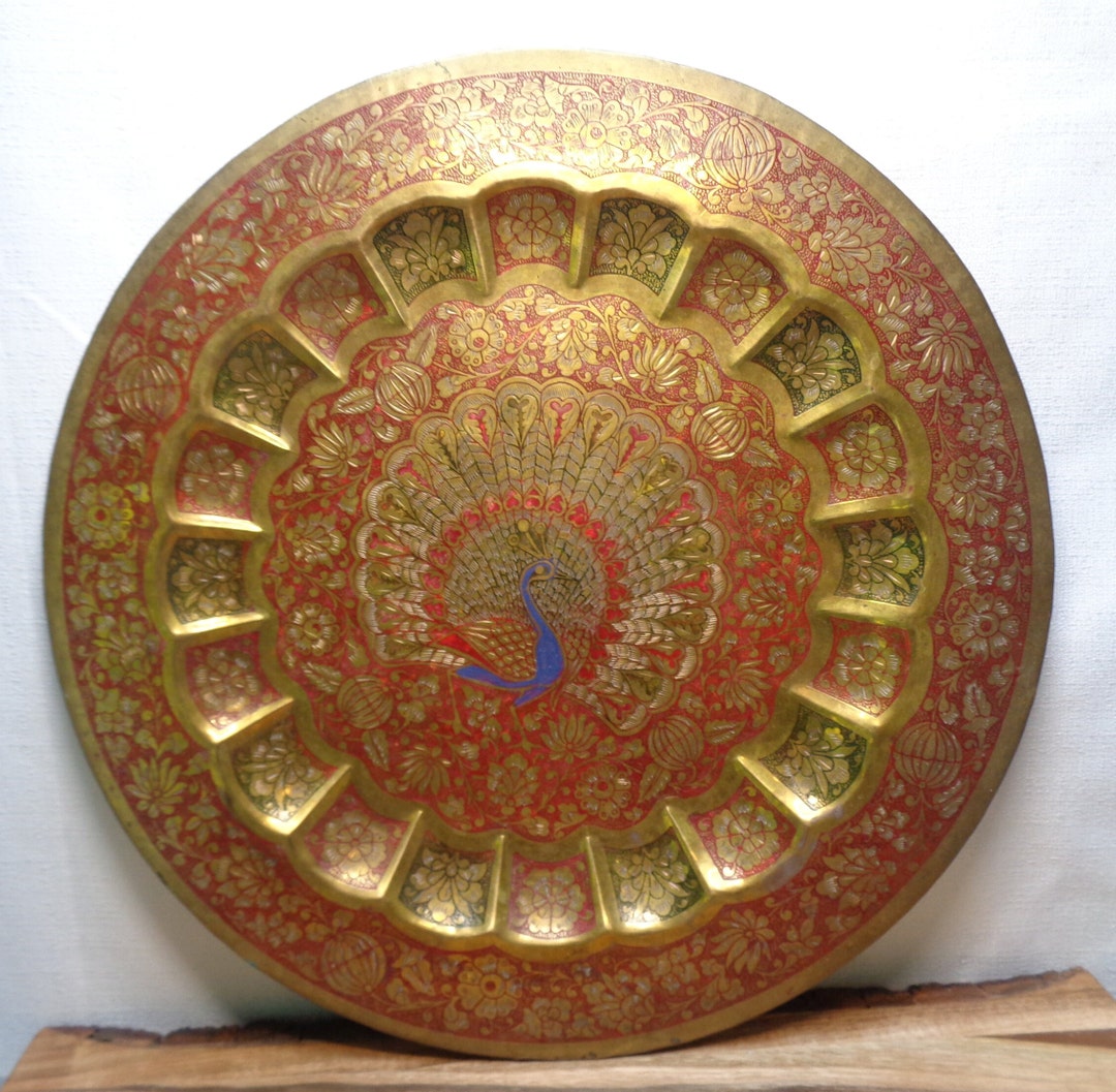 Vintage Round Etched Brass Peacock Tray, Vintage Tooled Brass Peacock