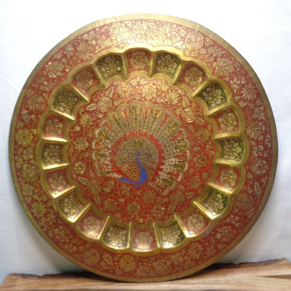 Vintage Round Etched Brass Peacock Tray, Vintage Tooled Brass Peacock Serving Tray, Brass Peacock  Wall Decor