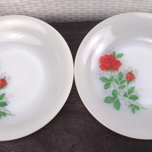 May include: Two white, round plates with a red rose and green leaves design. The floral pattern is on the left side of each plate. The plates are on a dark surface.