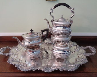 Antique Crown Silver silverplated Coffee and Tea Set on large platter, Vintage Silverplate Tea Coffee Set, by Crown Silver, Brookline Mass