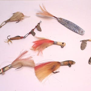 Vintage Lead Head Jigs, Vintage Mixed Set of Jigs, Lures, Spinners, Flies, Vintage Fishing Lures, Set of 9