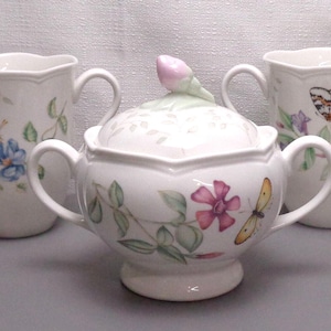 Lenox Butterfly Meadow Sugar Bowl, Lenox Dragonfly and Eastern Tailed Blue Mugs, Cups,  Set includes 4 cups and sugar bowl