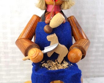 Vintage Wooden Erzgebirge Volkskunst Wood Carver Man Incense Burner,  Germany
