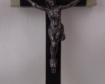Vintage French Pectoral Crucifix, Vintage Large 6" Crucifix Pendant with Ebony Wood Inlay, France