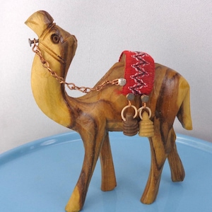 Vintage Olive Wood Camel Figurine, Vintage Holy Land Camel Figure with saddle and water jugs