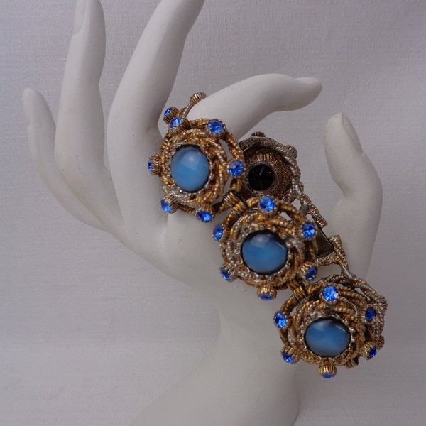 Vintage Blue Rhinestone Link Bracelet, Vintage Antique Gold Blue Moonstone and Rhinestone Link Bracelet