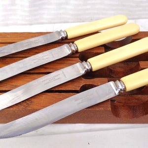 May include: A set of four stainless steel knives with smooth, cream-colored handles arranged diagonally on a rectangular wooden knife block featuring four parallel slots and a dark brown finish with visible wood grain texture.