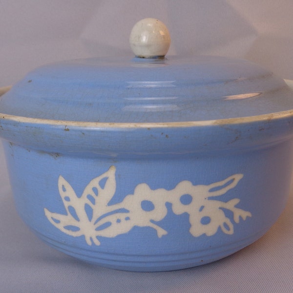 Vintage Blue Harker Cameo Covered Casserole, Harker Ware Pottery Blue Cameo Ware Covered Pot, USA